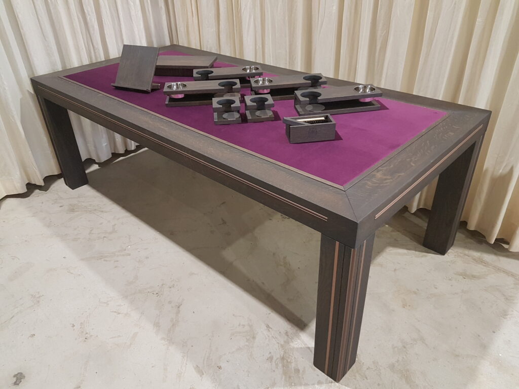 Charcoal Table with Eggplant Velvet.